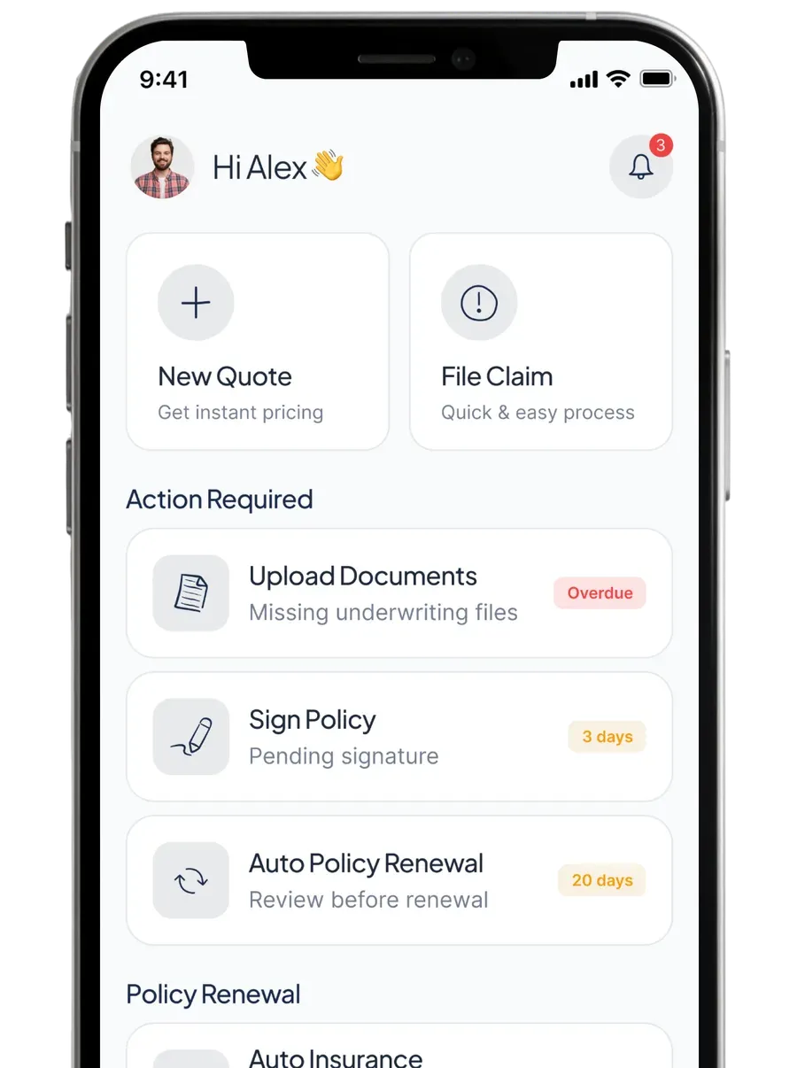 PolicyPocket app on a phone showing policies and actions