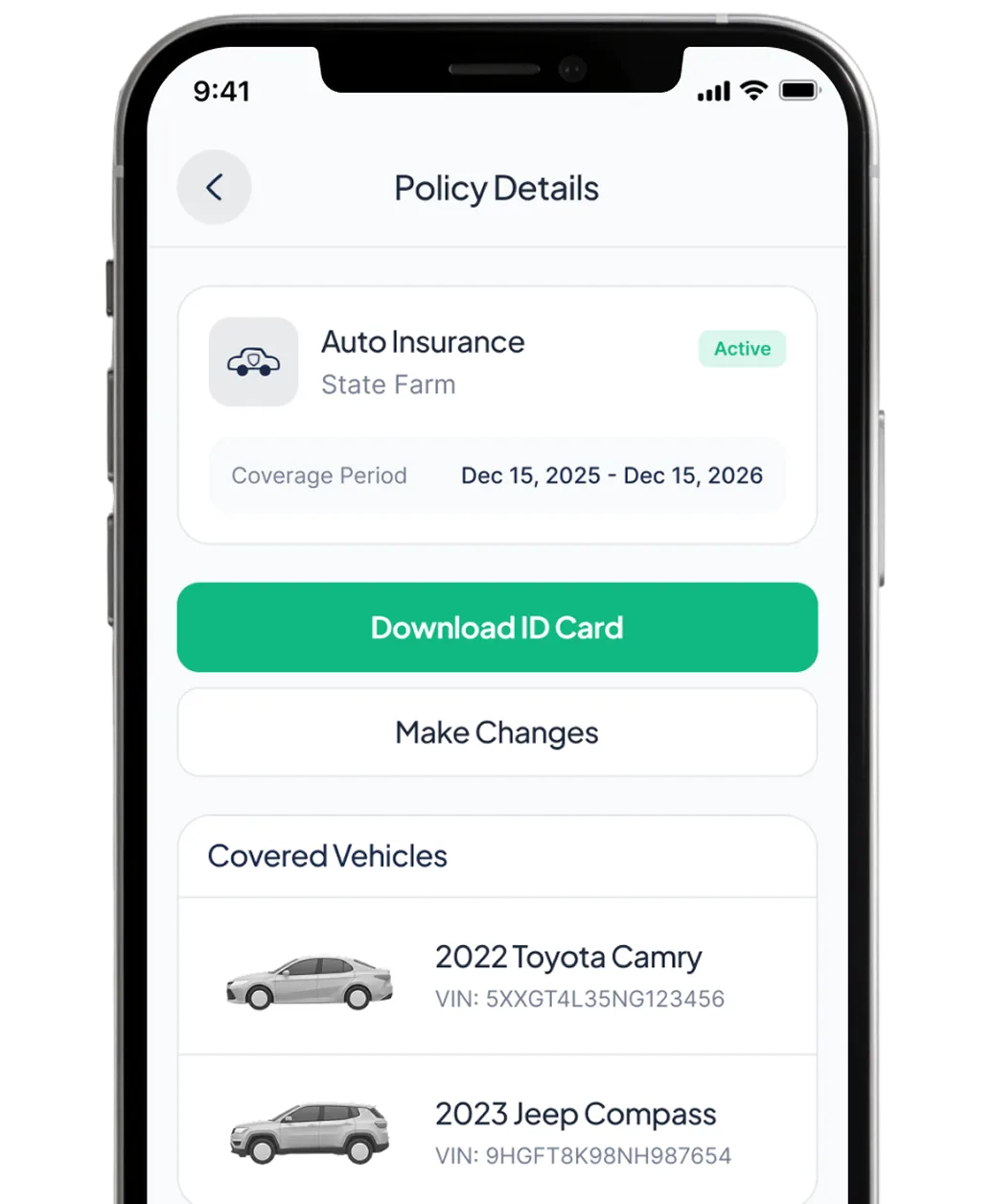 Auto policy details for a 2022 Honda Civic on a phone
