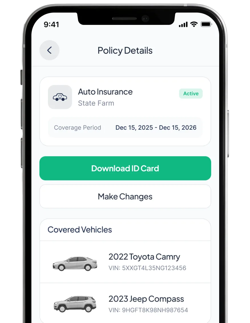 Auto policy details for a 2022 Honda Civic on a phone
