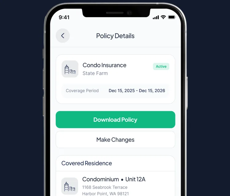 Phone showing a condo insurance policy in the PolicyPocket app