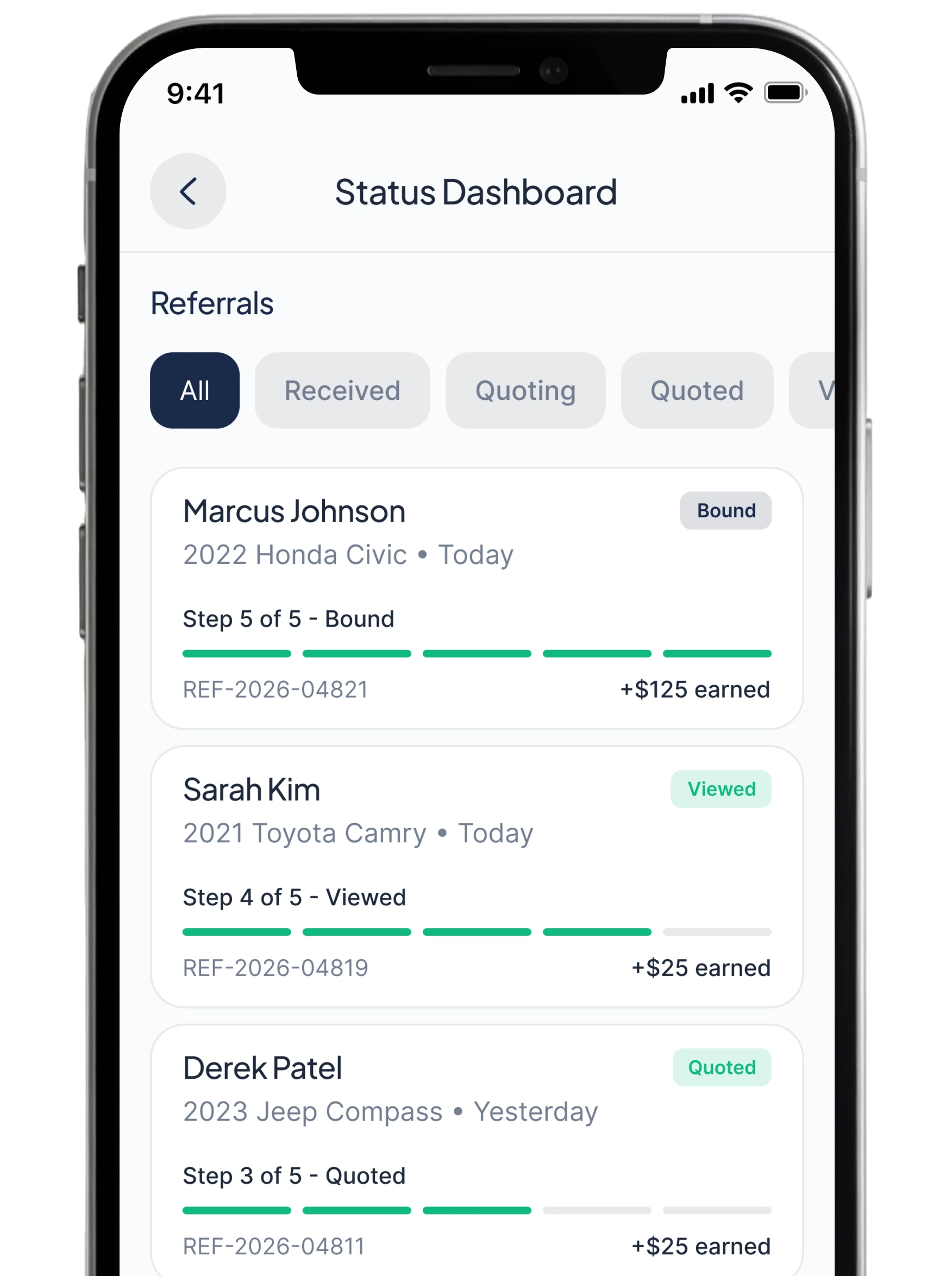 Partner portal status dashboard on a phone