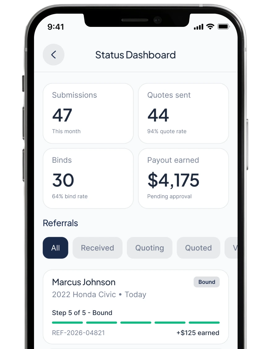 Partner portal payout dashboard on a phone