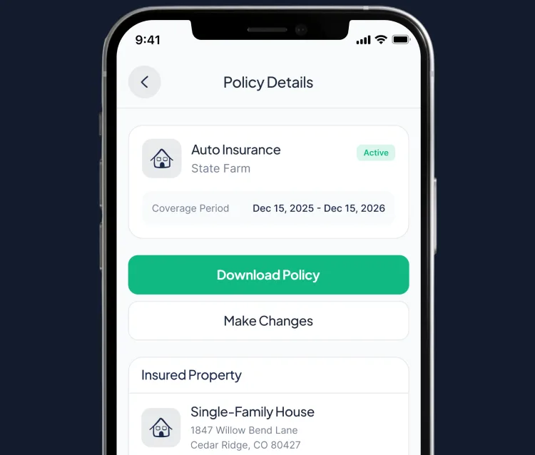 Phone showing a home insurance policy in the PolicyPocket app