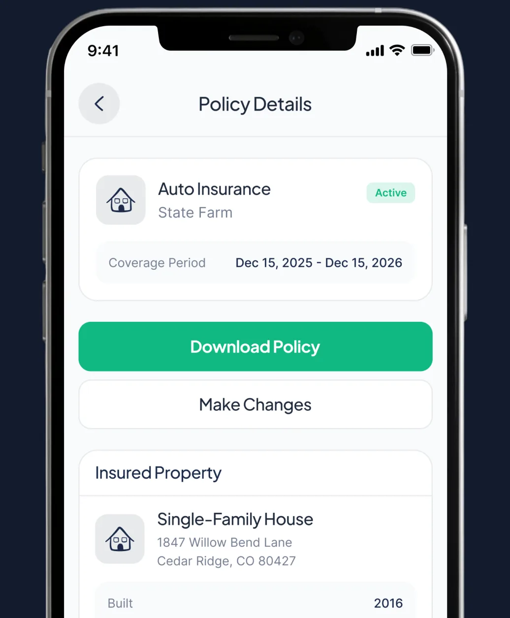 Phone showing a home insurance policy in the PolicyPocket app