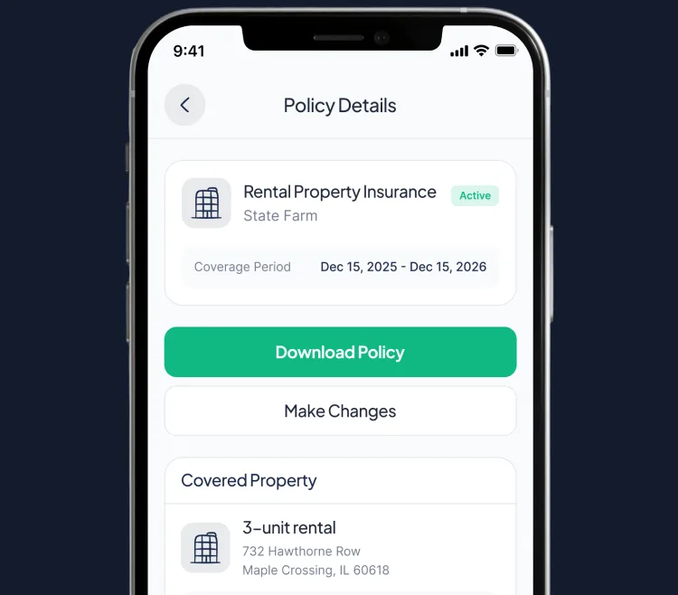 Phone showing a landlord insurance policy in the PolicyPocket app