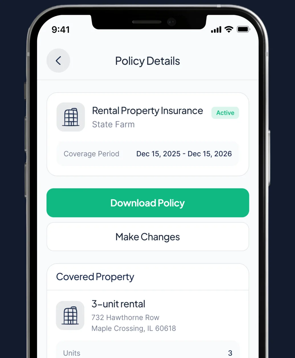 Phone showing a landlord insurance policy in the PolicyPocket app