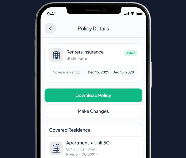 Phone showing a renters insurance policy in the PolicyPocket app