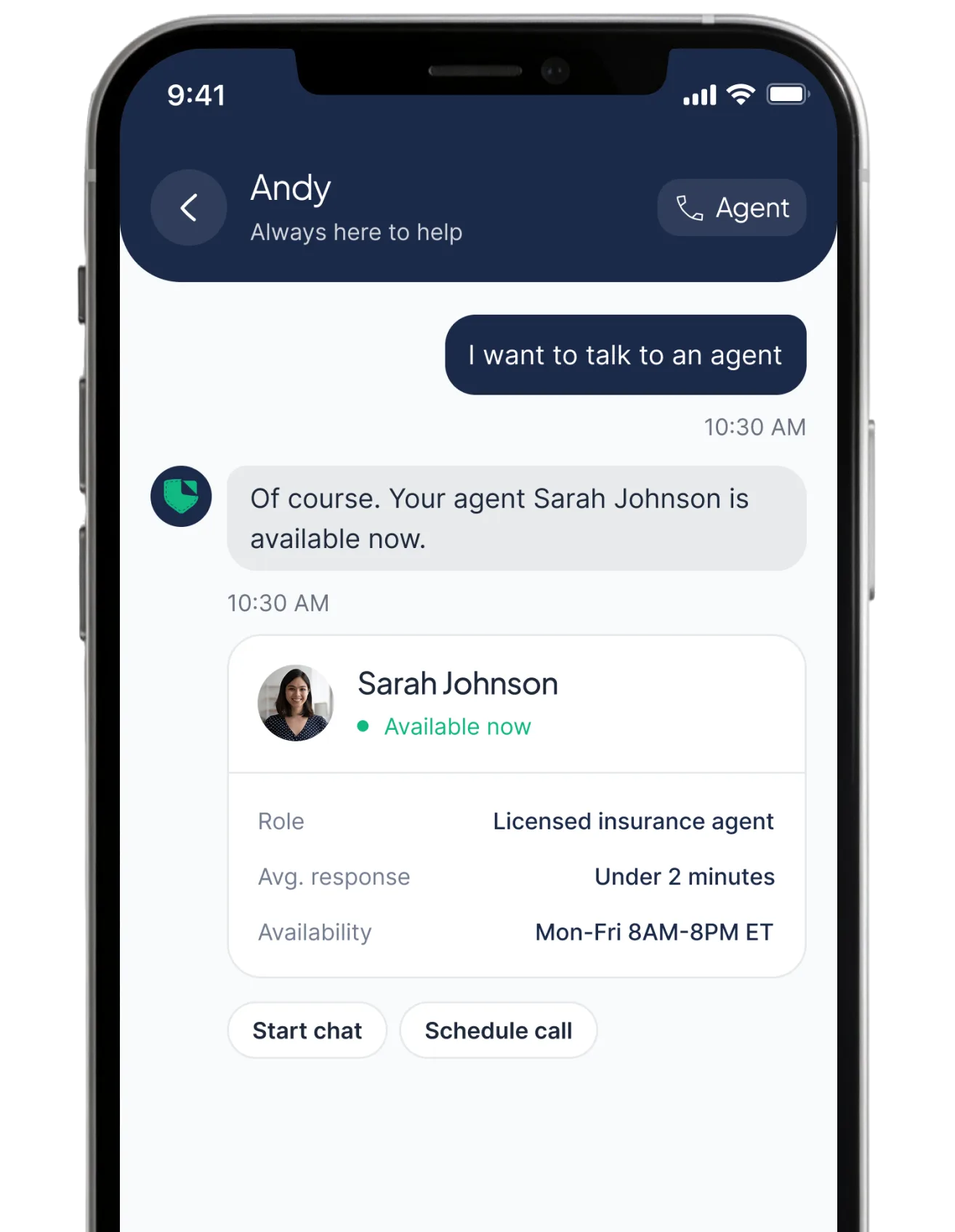 PolicyPocket app showing a licensed agent chat on a phone